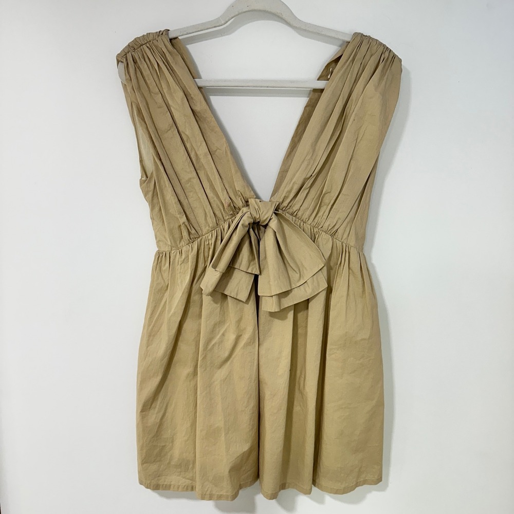 Blue Tassel Womens Cotton Mini Dress Bow Back Deep V-Neck PXS Tan Neutral‎ Boho